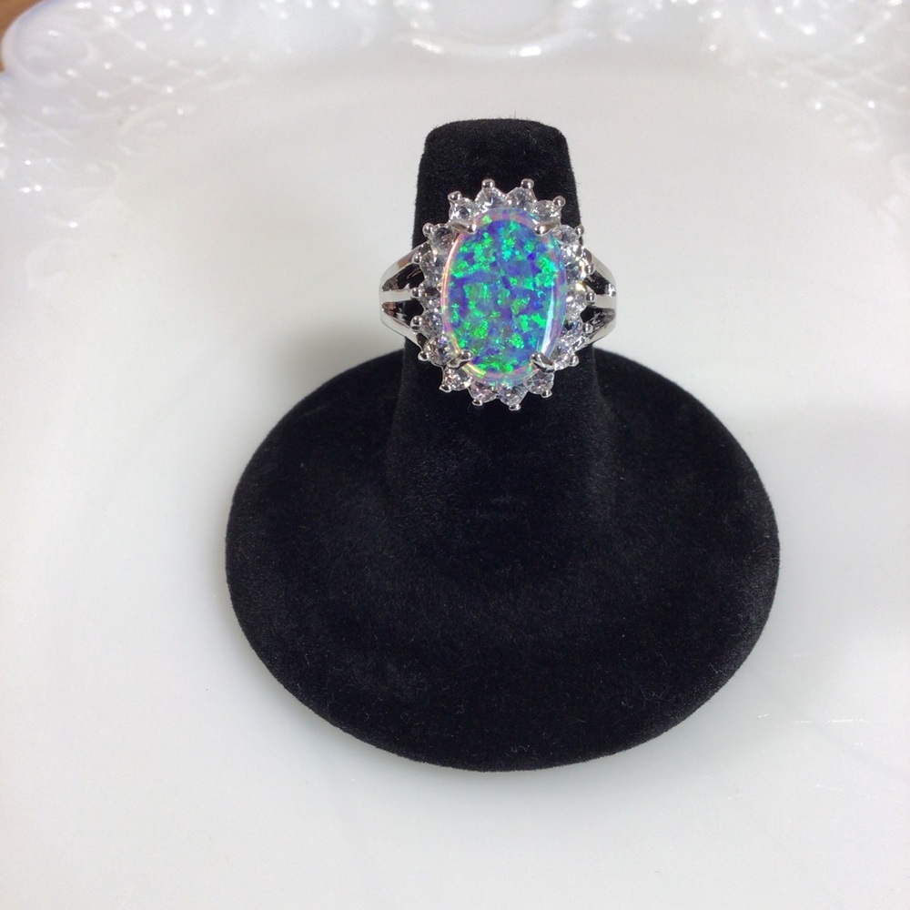 Beautiful Opal and Cubic Zirconia Silver Fashion Ring - Size 9